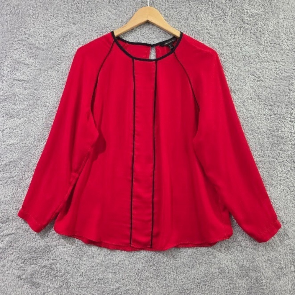 Banana Republic Blouse Women's Large Petite Red Black Piping Long Sleeve‎ Top